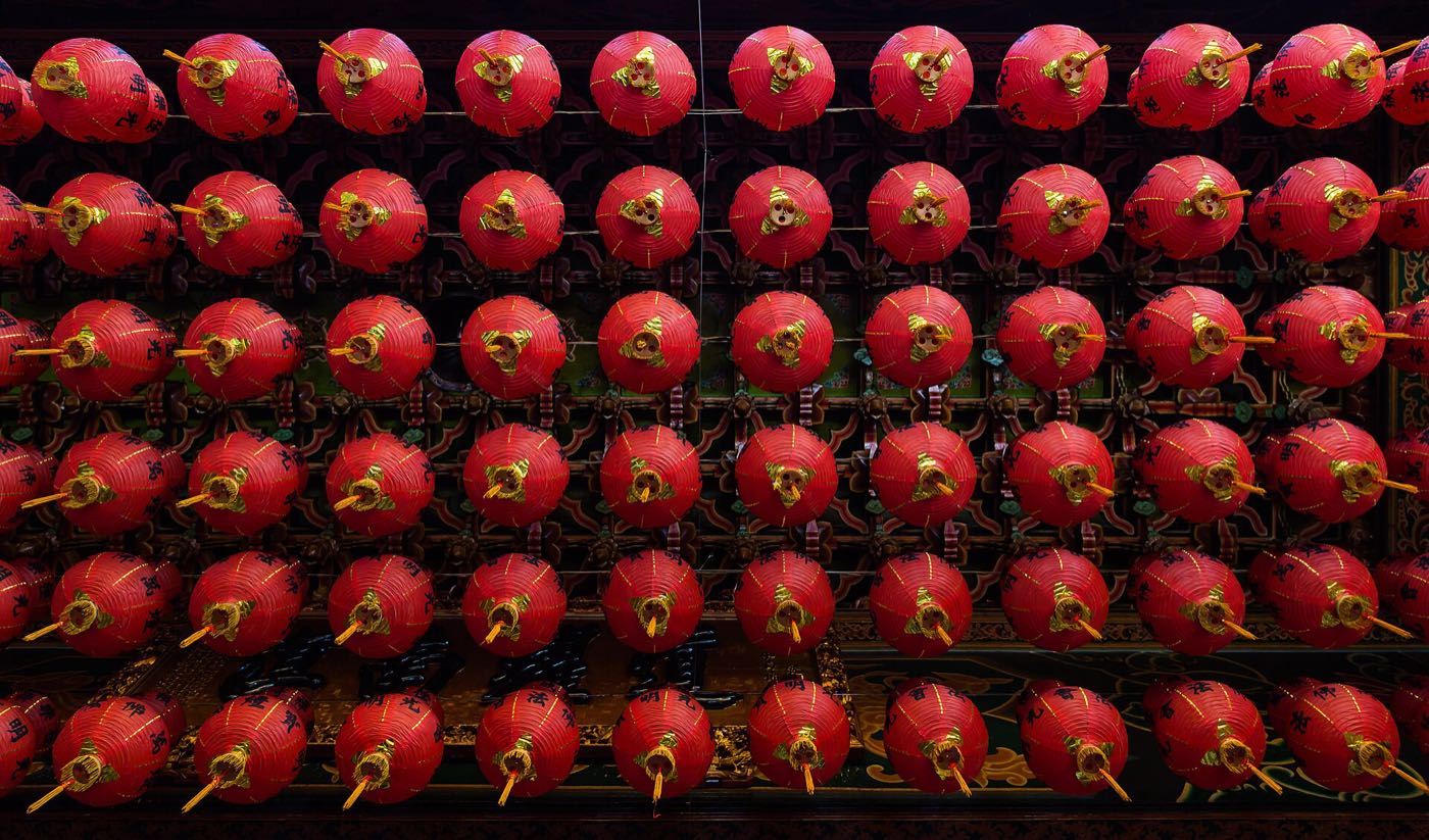 Rows of red paper lanterns hanging at Kek Lok Si temple in Penang